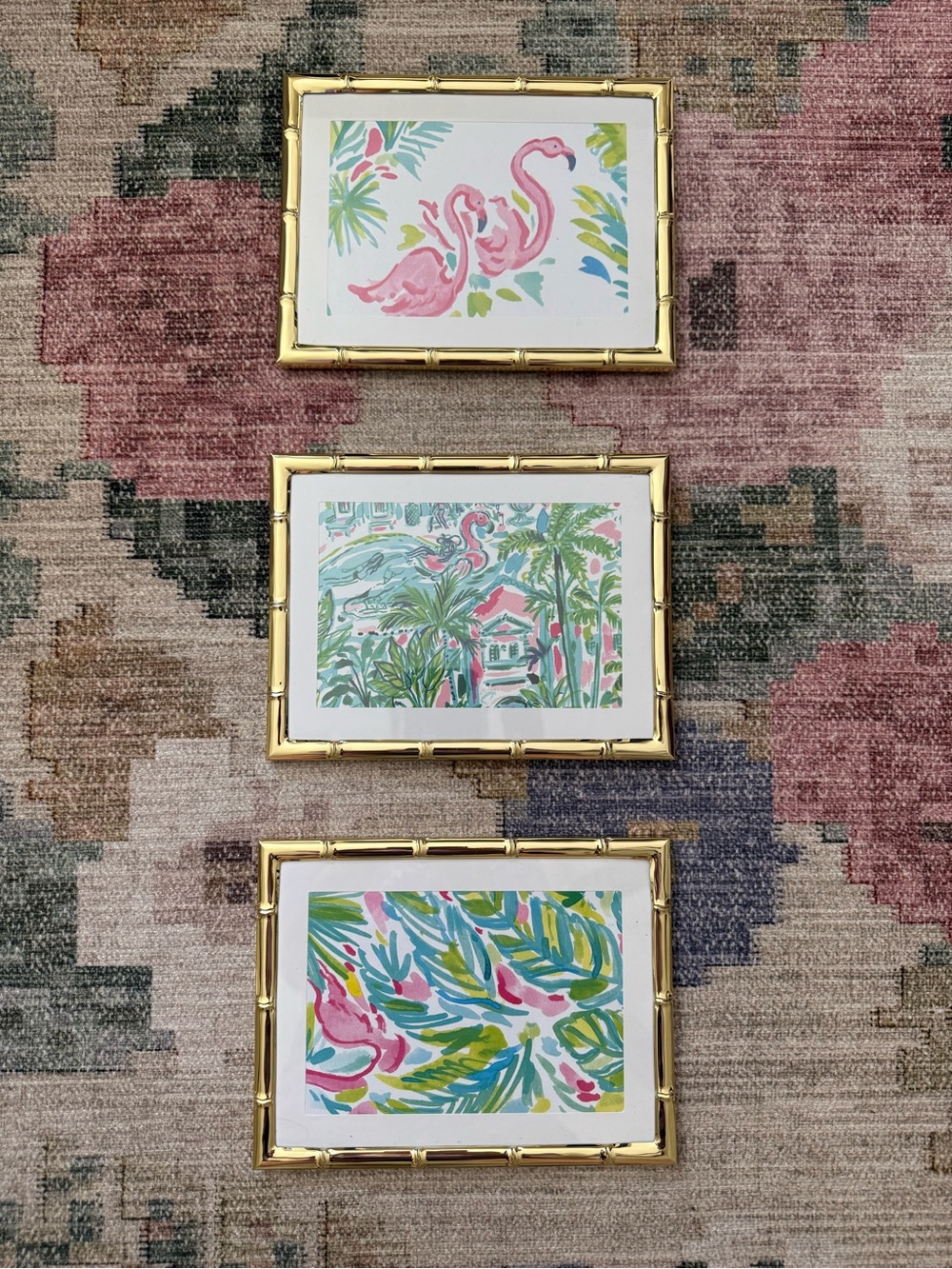 Set of 3 Lilly Pulitzer prints in gold bamboo frames